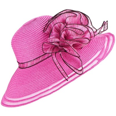 Sun Hats Womens Church Wedding Kentucky Derby Wide Brim Straw Summer Beach Hat A115 - Hot Pink - CR11RISF1WB $23.31