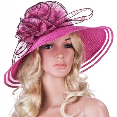 Sun Hats Womens Church Wedding Kentucky Derby Wide Brim Straw Summer Beach Hat A115 - Hot Pink - CR11RISF1WB $23.31