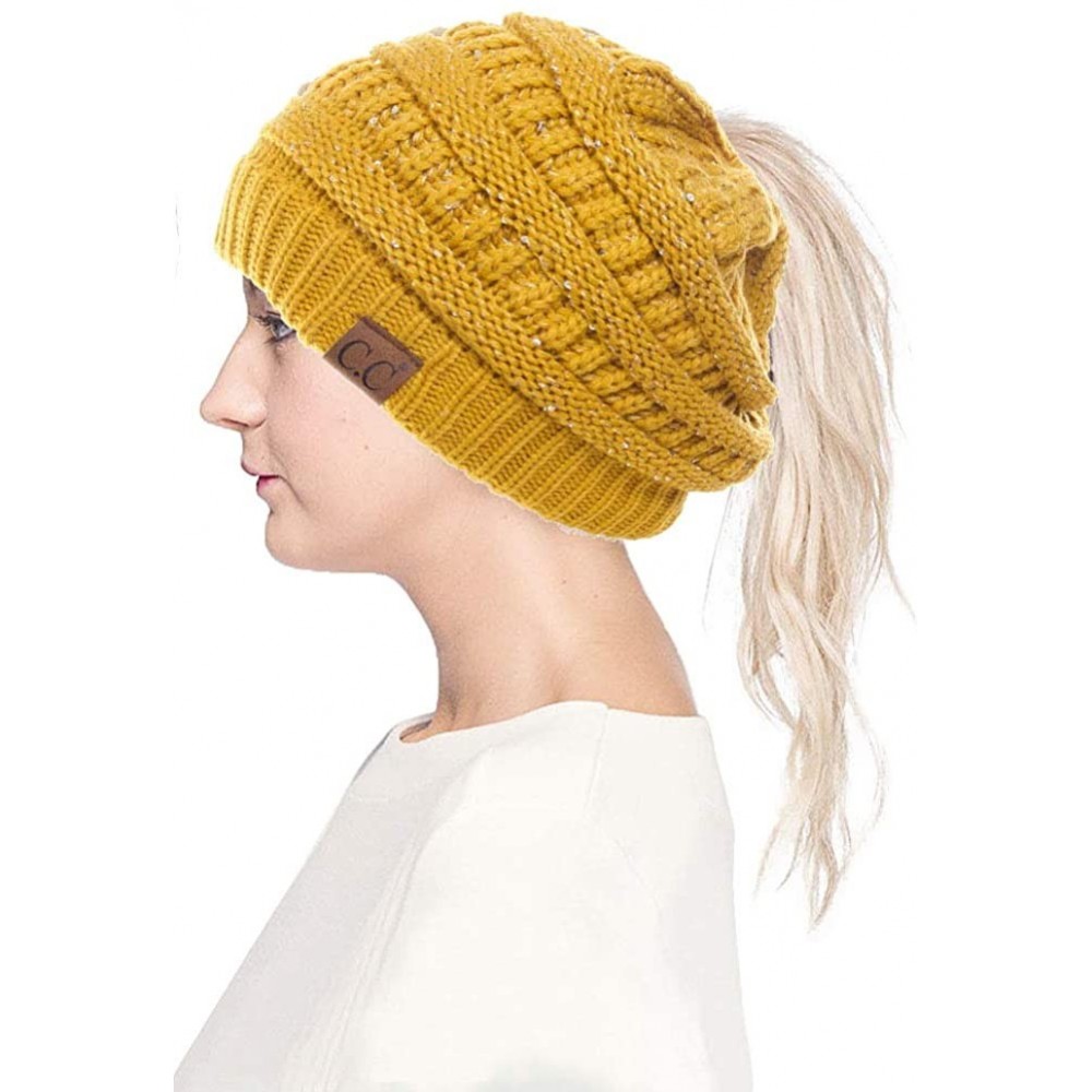 Skullies & Beanies Women Knitted Sparkle Sequin Soft Skull Cap Ponytail Messy Bun Beanie - Mustard - CK18IC6W89Q $14.86