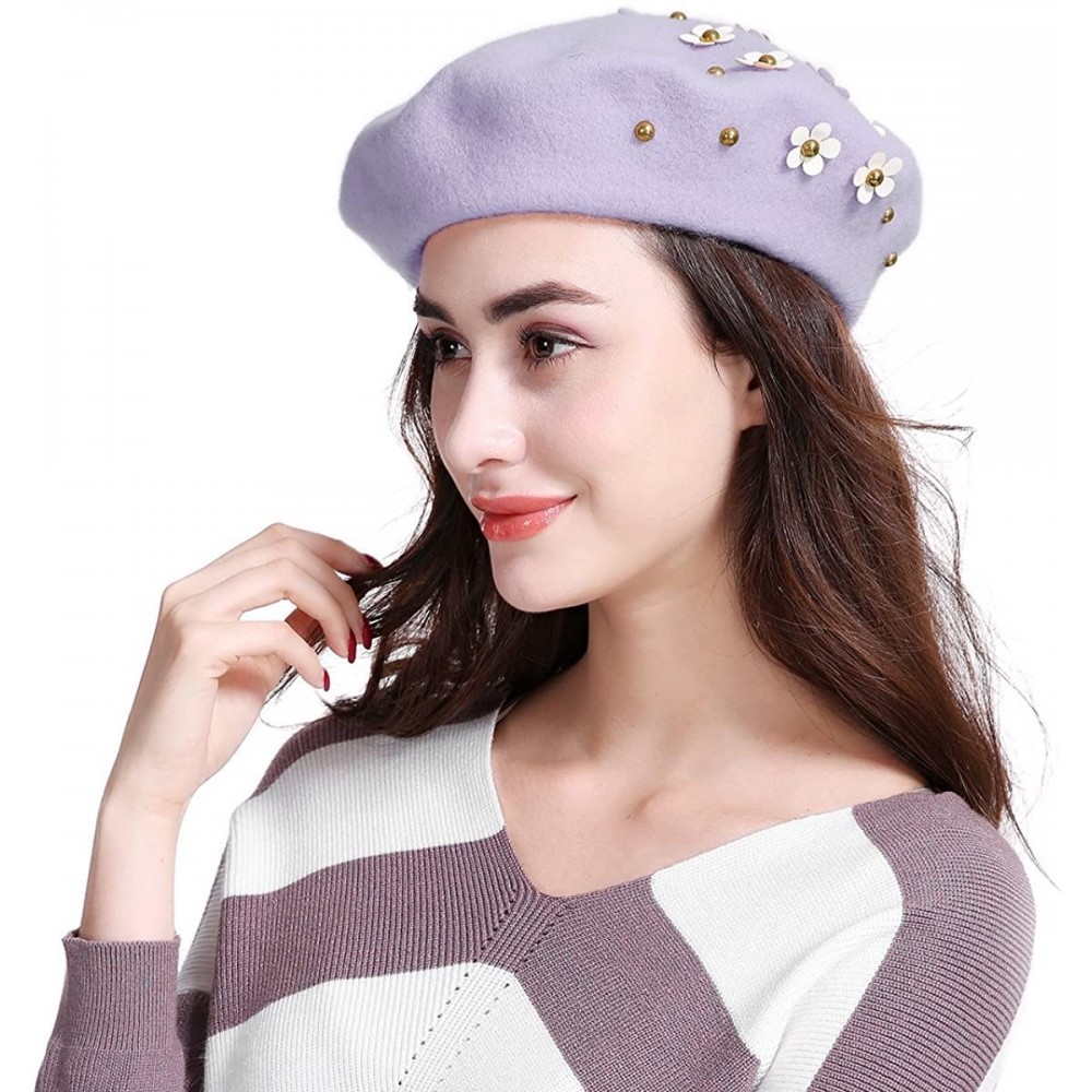 Berets Women's Franch Inspired Wool Felt Beret Hat Bow/Rivet/Floral Appliqued - Floral-purple - C81888O99E4 $14.95