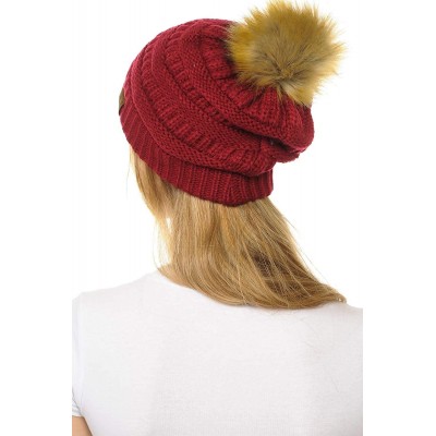 Skullies & Beanies Hat-43 Thick Warm Cap Hat Skully Faux Fur Pom Pom Cable Knit Beanie - Burgundy - CC18X9XUXSD $12.72