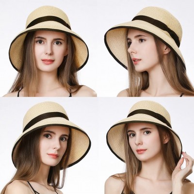 Sun Hats Packable UPF Straw Sunhat Women Summer Beach Wide Brim Fedora Travel Hat Bowknot - 99009_beige - C018E47IND0 $22.08