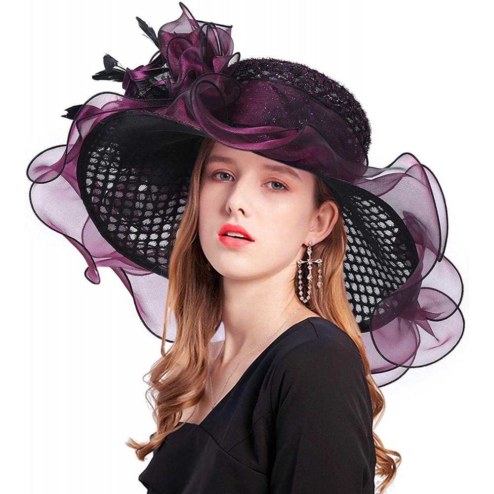 Sun Hats Women Kentucky Derby Church Hat Organza Flower Wide Brim Fascinator Hats for Wedding Tea Party- Dual-use - CY194TO7M...