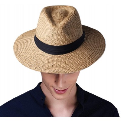 Sun Hats Panama Hat Sun Hats for Women Men Wide Brim Fedora Straw Beach Hat UV UPF 50 - Z-2 Pcs Brown/Black Beige - CA18NRW48...