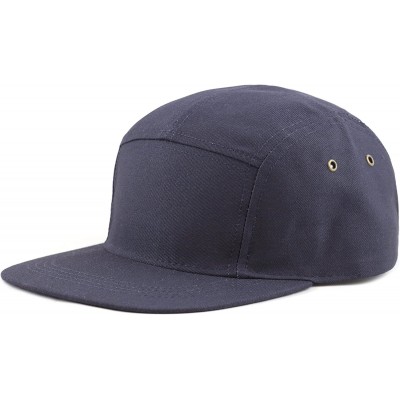 Baseball Caps Made in USA Cotton Twill 5 Panel Flat Brim Genuine Leather Brass Biker Board Cap - Navy - C812F1LSFBZ $13.23