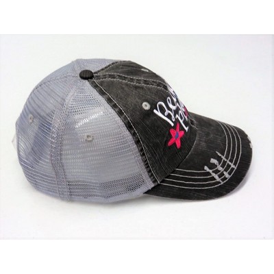 Baseball Caps Embroidered Beach Please Distressed Look Grey Trucker Cap Hat - Hot Pink - C112ILBDY4Z $23.57