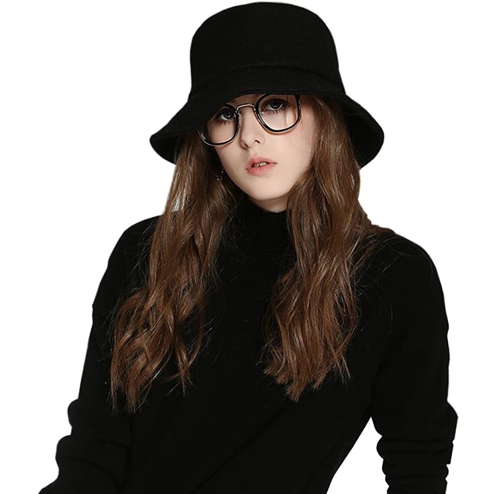 Bucket Hats Female Style hat Wool Felt Bucket Hat Winter Fall - 03black - C7186E5X5CZ $21.19