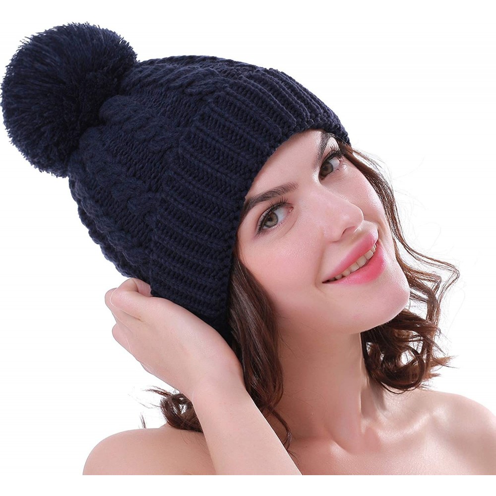 Skullies & Beanies Women's Winter Beanie Warm Fleece Lining - Thick Slouchy Cable Knit Skull Hat Ski Cap - Navy Blue - C41287...