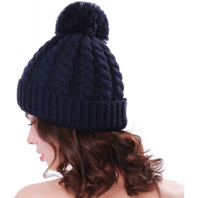 Skullies & Beanies Women's Winter Beanie Warm Fleece Lining - Thick Slouchy Cable Knit Skull Hat Ski Cap - Navy Blue - C41287...