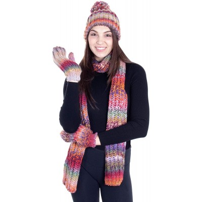 Skullies & Beanies Adult Women's 3 Piece Winter Set - Pompom Beanie Hat- Scarf- Mittens - Mix Color Gloves No Lined - CL18HAR...