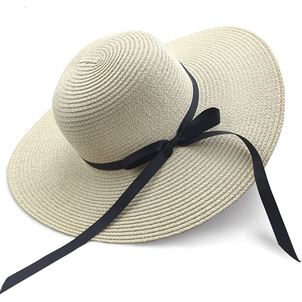 Sun Hats Women's Sun Hat Floppy Foldable Bowknot Straw Hat Summer Beach Cap - Beige - CG18DII67OL $11.22