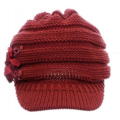 Skullies & Beanies C-US Women Winter Warm & Soft Knit Hat Crochet Visor Brim Cap with Flower Accent - Red - CT184HIHC8L $12.55