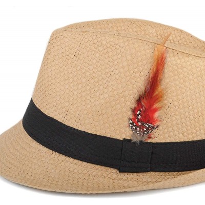 Fedoras Unisex Summer Short Brim Fedora - Hats for Men & Women + Panama Hats & Straw Hats - Straw Feather - CB182AEXK3L $14.63