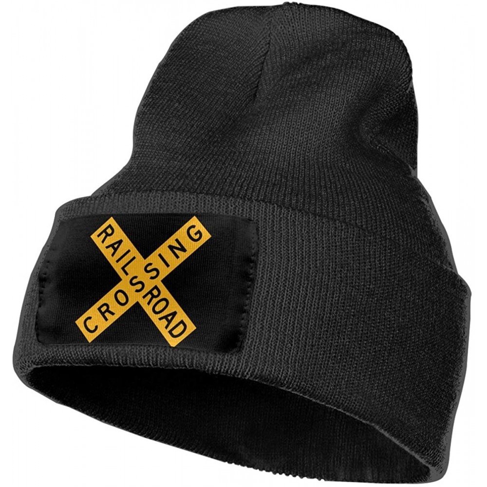 Skullies & Beanies Railroad Crossing Sign Unisex Knit Beanie Hat Daily Ski Skull Cap - Black - CO18L75SCUN $16.85