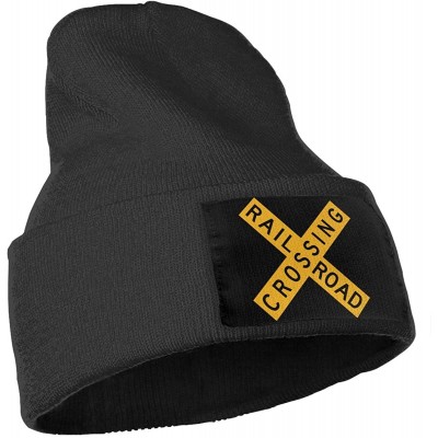 Skullies & Beanies Railroad Crossing Sign Unisex Knit Beanie Hat Daily Ski Skull Cap - Black - CO18L75SCUN $16.85