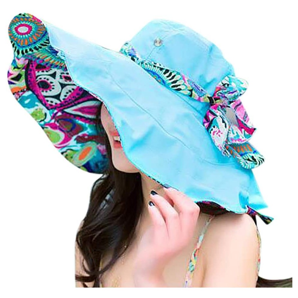 Sun Hats Women Print Two-Side Big Brim Straw Hat Sun Floppy Wide Brim Hats Beach Cap - Blue - C018NOTH95R $9.17