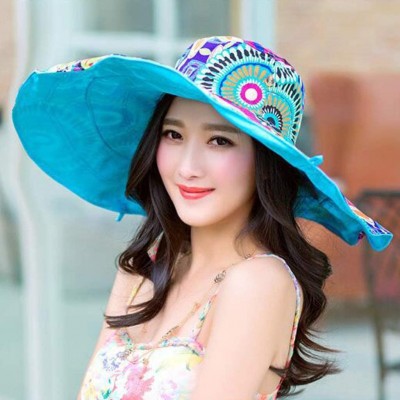 Sun Hats Women Print Two-Side Big Brim Straw Hat Sun Floppy Wide Brim Hats Beach Cap - Blue - C018NOTH95R $9.17