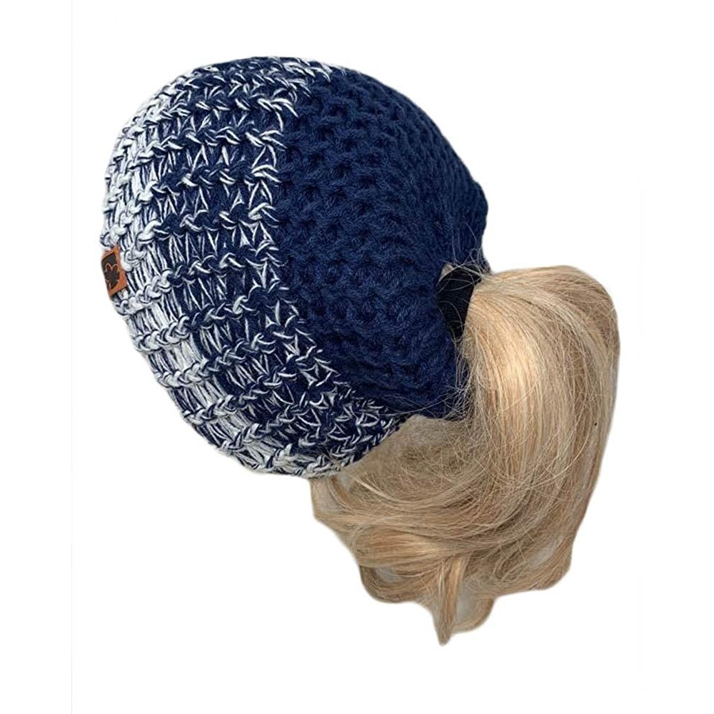 Skullies & Beanies Ponytail Messy Bun Mix Knit BeanieTail Womens Beanie - Navy - C518LUGG03N $12.46