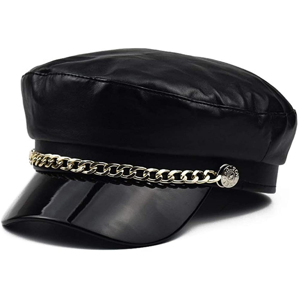 Newsboy Caps Women's Greek Fisherman's Sailor Fiddler Hat Classic Ladies Mariner Metal Chain Newsboy Cap - Black Leather - CK...