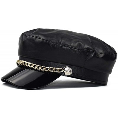 Newsboy Caps Women's Greek Fisherman's Sailor Fiddler Hat Classic Ladies Mariner Metal Chain Newsboy Cap - Black Leather - CK...