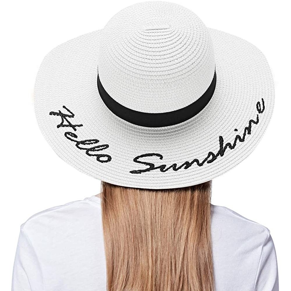 Sun Hats Floppy Beach Straw Hat Women Sun Hats Wide Brim Embroidered UPF50+ - A3-white - CR196WQYHGC $16.53