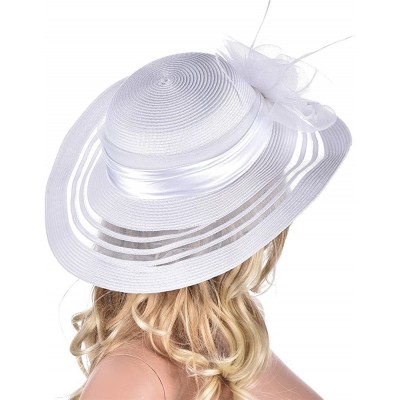 Sun Hats Womens Wide Brim Floral Feather Kentucky Derby Church Dress Sun Hat A340 - White - CX12EEI70UD $12.59