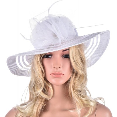 Sun Hats Womens Wide Brim Floral Feather Kentucky Derby Church Dress Sun Hat A340 - White - CX12EEI70UD $12.59