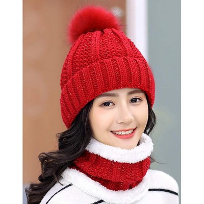 Skullies & Beanies Womens Winter Beanie Hat Scarf Set Warm Fuzzy Knit Hat Neck Scarves - C-red - CP18ZDNZDAE $14.02