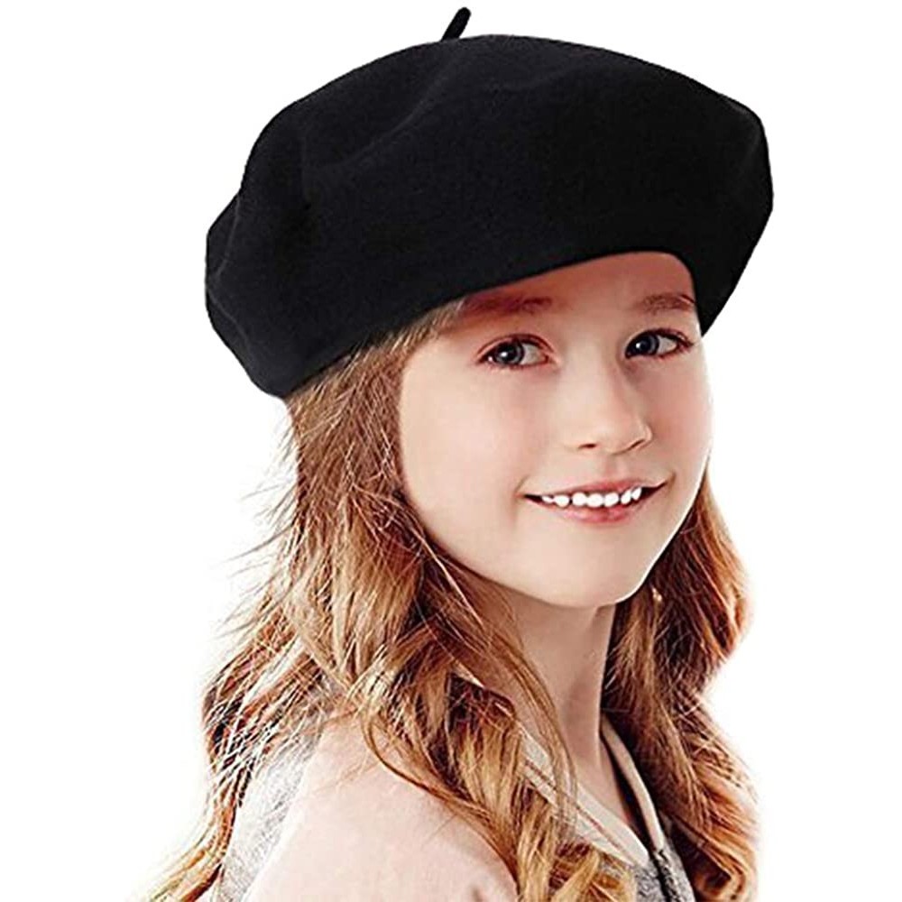 Berets French Wool Berets Hat Classic Fashion Warm Beanie Cap for Girls - Black - CH12N8QC0X2 $12.16