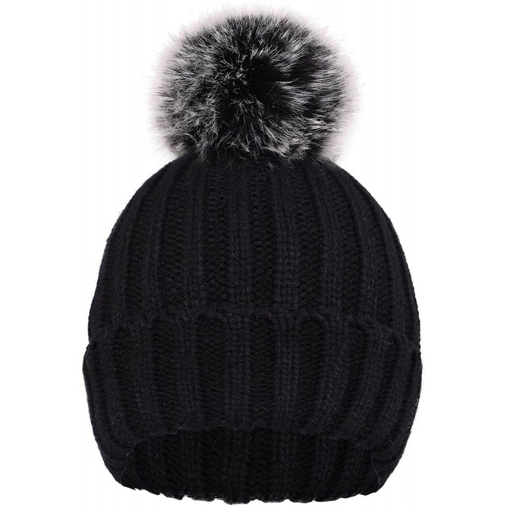 Skullies & Beanies Cute Fluffy Fur Pompom Knit Winter Beanie Hat - Black - CX188IO8845 $15.10