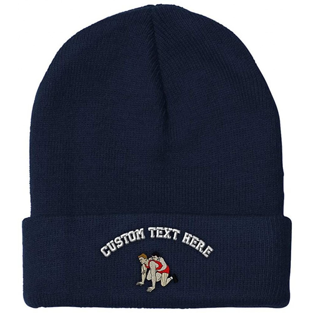 Skullies & Beanies Custom Beanie for Men & Women Wrestling Sports A Embroidery Skull Cap Hat - Navy - CP18H5KE745 $17.64