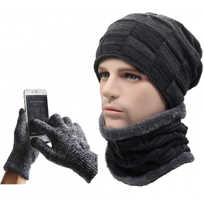 Skullies & Beanies 3Pcs Winter Beanie Hat- Warmer Scarf-Touchscreen Gloves Set for Men Women - Black - C418HACTCU6 $16.44