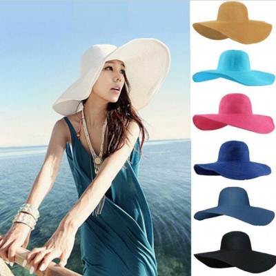 Sun Hats Women Summer Foldable Wide Large Brim Floppy Beach Hat Sun Straw Hat - Black - CY18DMON0C9 $17.04