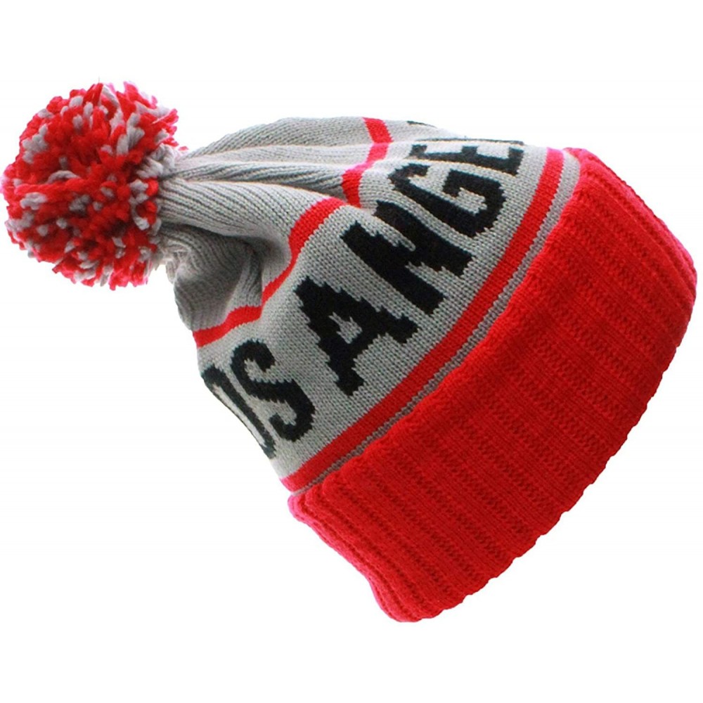 Skullies & Beanies USA Favorite City Cuff Cable Knit Winter Pom Pom Beanie Hat Cap - Los Angeles - Gray Red - CQ11Q2V5XJ1 $16.38