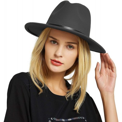 Fedoras Womens Felt Fedora Hat- Wide Brim Panama Cowboy Hat Floppy Sun Hat for Beach Church - Gray - C018NAX4EOL $17.10