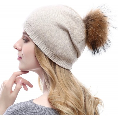 Skullies & Beanies Women Knit Wool Beanie - Winter Solid Cashmere Ski Hats Real Raccoon Fur Pom Pom - 01- Beige - CC185TERWDE...