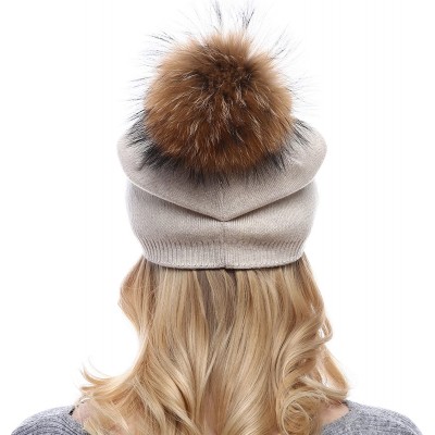 Skullies & Beanies Women Knit Wool Beanie - Winter Solid Cashmere Ski Hats Real Raccoon Fur Pom Pom - 01- Beige - CC185TERWDE...