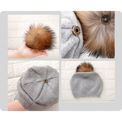 Skullies & Beanies Women Knit Wool Beanie - Winter Solid Cashmere Ski Hats Real Raccoon Fur Pom Pom - 01- Beige - CC185TERWDE...