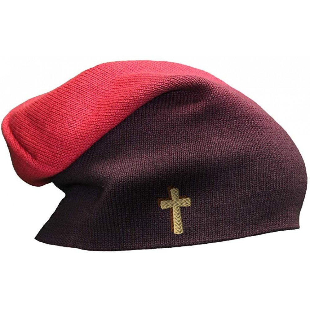 Skullies & Beanies Custom Slouchy Beanie Cone Cross Shadow Brown & Tan Embroidery Cotton - Red - CQ18A58MUEO $13.72