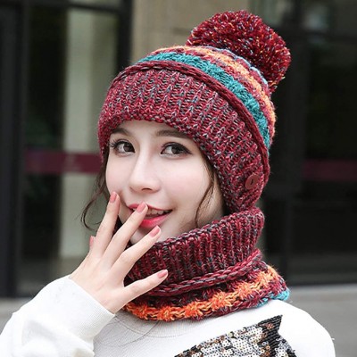 Skullies & Beanies Winter Knit Beanie Hat Skull Cap Neck Warmer Scarf Set for Women and Girls - Wine Red - C518ZGARDTI $17.30