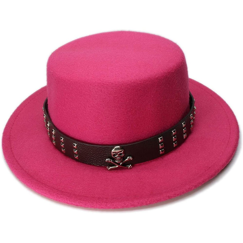 Fedoras Women Men Vintage 100% Wool Wide Brim Bowler Hat Skull Bead Leather Band (57cm/Adjust) - Rose Red - CR18ME8MNZ7 $24.67