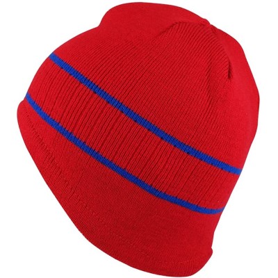 Skullies & Beanies Double Striped Acrylic Knit Warm Winter Beanie Cap - Red Royal - CR18637K0GY $13.32