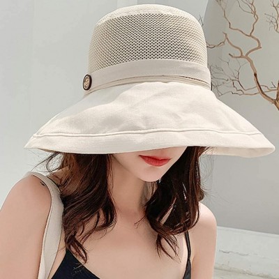 Sun Hats Women Mesh Sun Hats Summer Beach UV Protection UPF Packable Wide Brim Chin Strap - Yellowish-beige - CI18RYTO4T0 $12.65