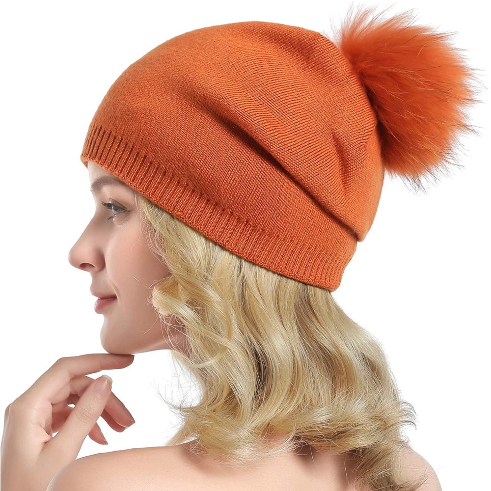 Skullies & Beanies Women Knit Wool Beanie - Winter Solid Cashmere Ski Hats Real Raccoon Fur Pom Pom - 10- Orange - CJ18KG87ZE...