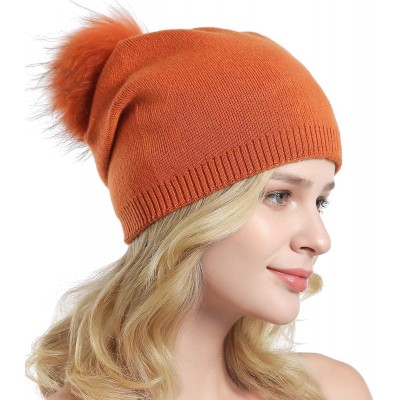 Skullies & Beanies Women Knit Wool Beanie - Winter Solid Cashmere Ski Hats Real Raccoon Fur Pom Pom - 10- Orange - CJ18KG87ZE...