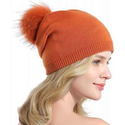 Skullies & Beanies Women Knit Wool Beanie - Winter Solid Cashmere Ski Hats Real Raccoon Fur Pom Pom - 10- Orange - CJ18KG87ZE...