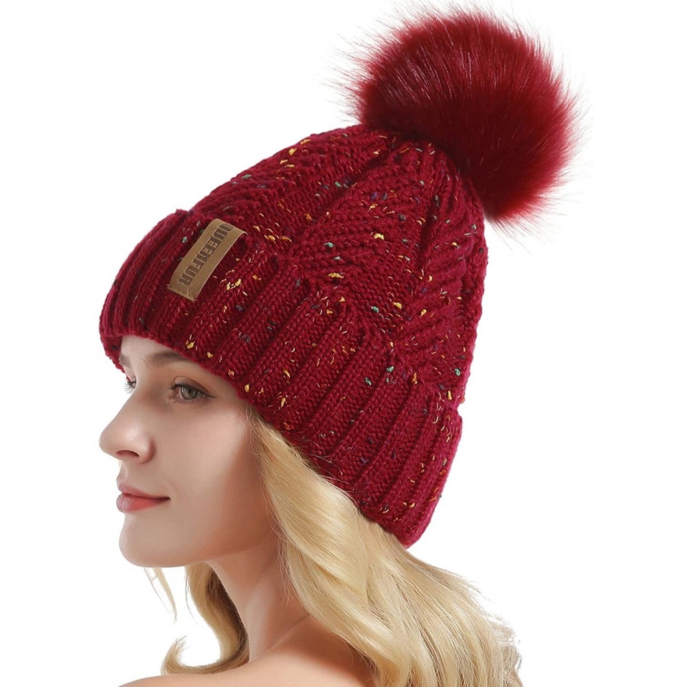 Skullies & Beanies Women Winter Knit Cable Hat Chunky Snow Cuff Cap with Faux Fur Pom Pom Beanie Hats - Conffeti Red - C218UN...