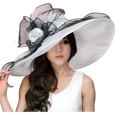 Sun Hats Women Hats Summer Big Hat Wide Brim Top Flower White Black - White Black - CN18CY4UT8W $32.54