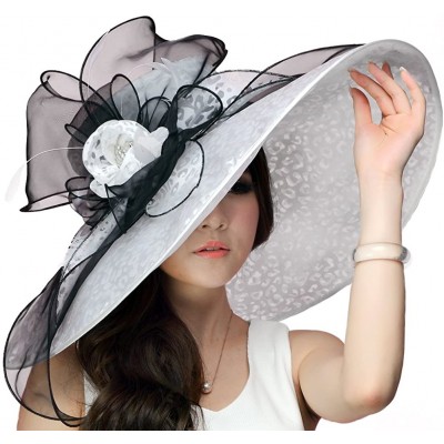 Sun Hats Women Hats Summer Big Hat Wide Brim Top Flower White Black - White Black - CN18CY4UT8W $32.54