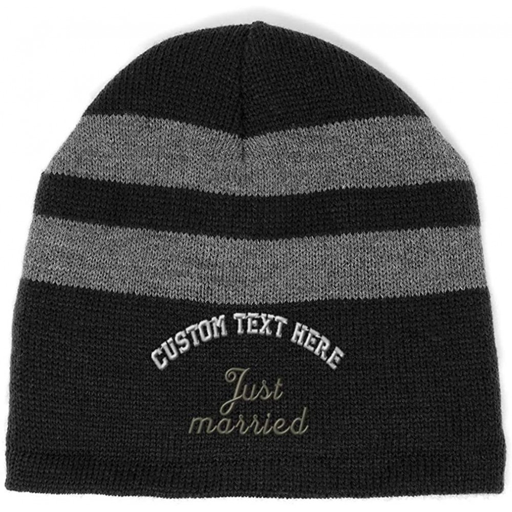 Skullies & Beanies Custom Striped Beanie for Men & Women Just Married Newlywed Embroidery Acrylic - Black - CY18AI0CEZO $20.61